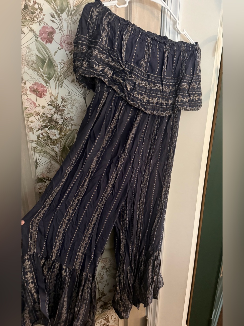 Japna Navy and Cream Off-Shoulder Patterned Jumpsuit
